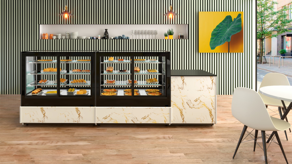 Réalisation 3d de vitrine boulangerie effet marbre