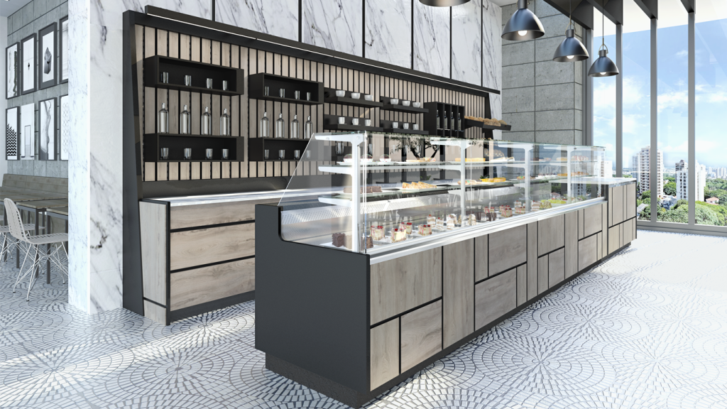 Réalisation 3D de vitrine boulangerie linéaire à étages modèle modular tetris en bois et noir.