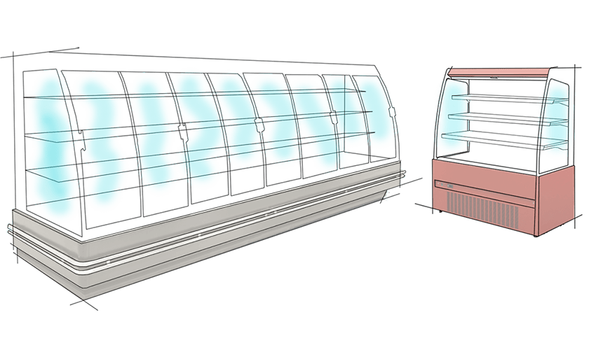 Vitrine semi murale libre-service grande et moyenne surface de vente' produits pré emballées